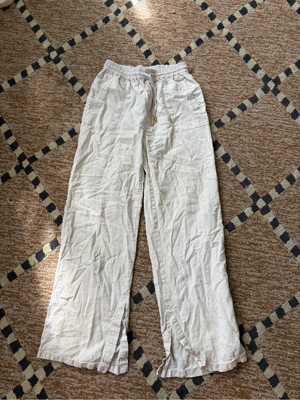 Love Tree Cream Drawstring Wide-Leg Linen Blend Pants